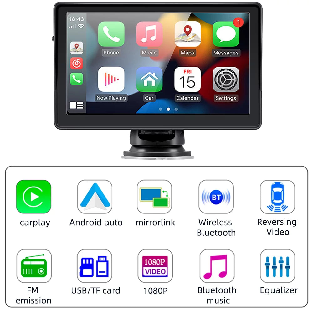 2023 Ultimate Portable Car Radio - 7" IPS Touchscreen with Apple Carplay & Android Auto, Bluetooth Hands-Free, Wireless Convenience & Windshield Mount