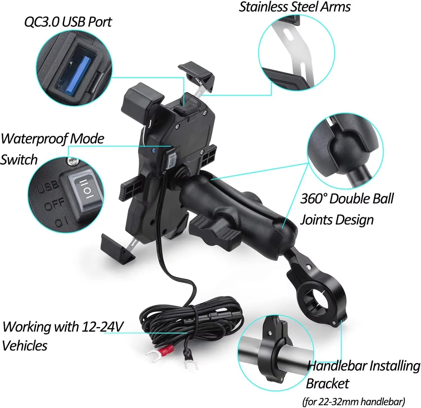 Ultimate Motorcycle Phone Holder with Fast Wireless Charging - Quick USB Charger & Handlebar Mount for Safe Riding!