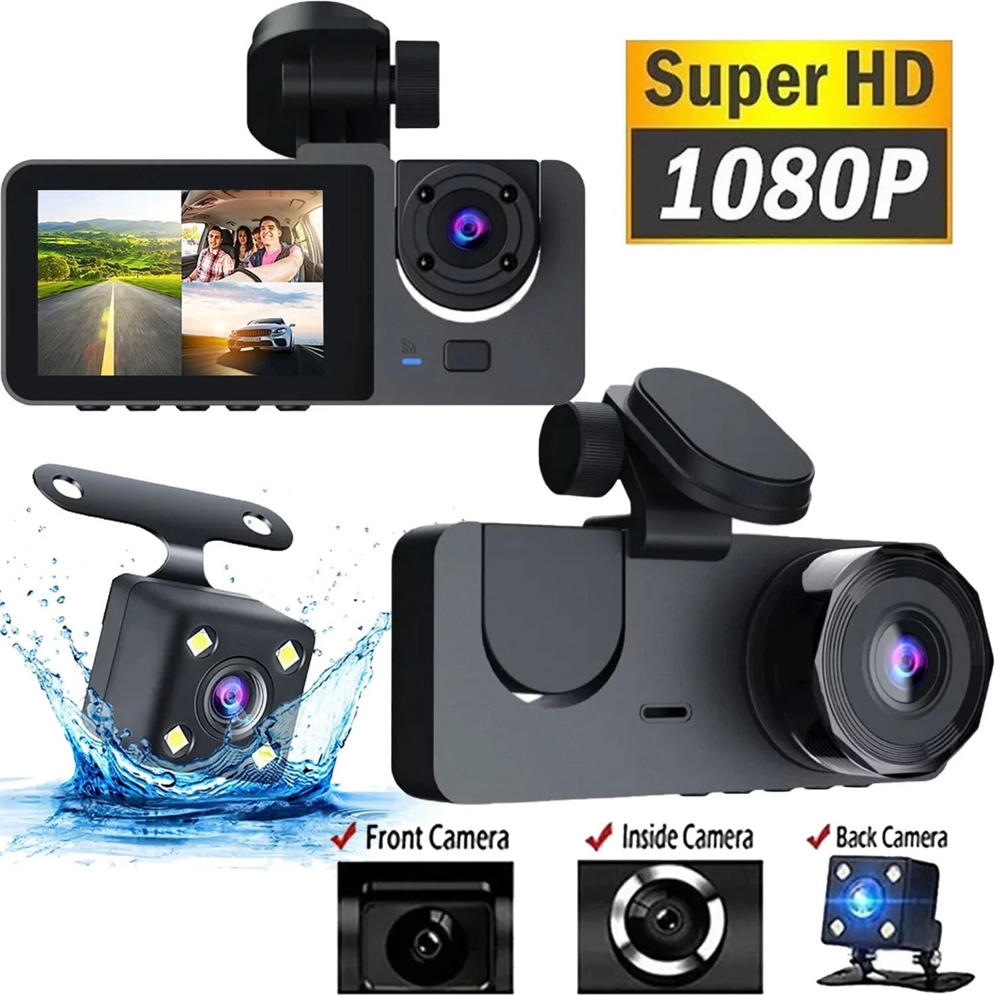 Ultimate 3-Channel Dash Cam for Car - 1080P Front & Rear, Super Night Vision, Parking Monitor, Loop Recording & 32GB SD Card Included