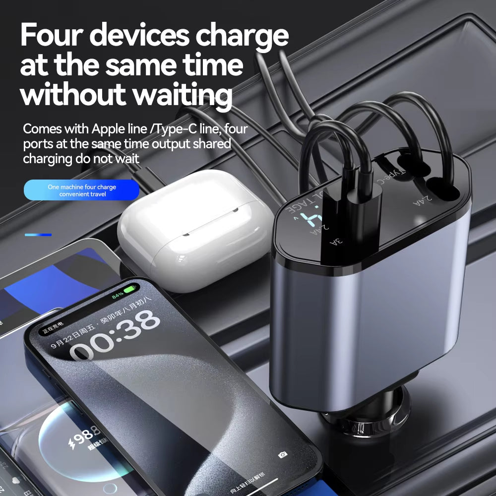 ChargeFlex: 120W Retractable Car Charger with 4-in-1 Fast Charging