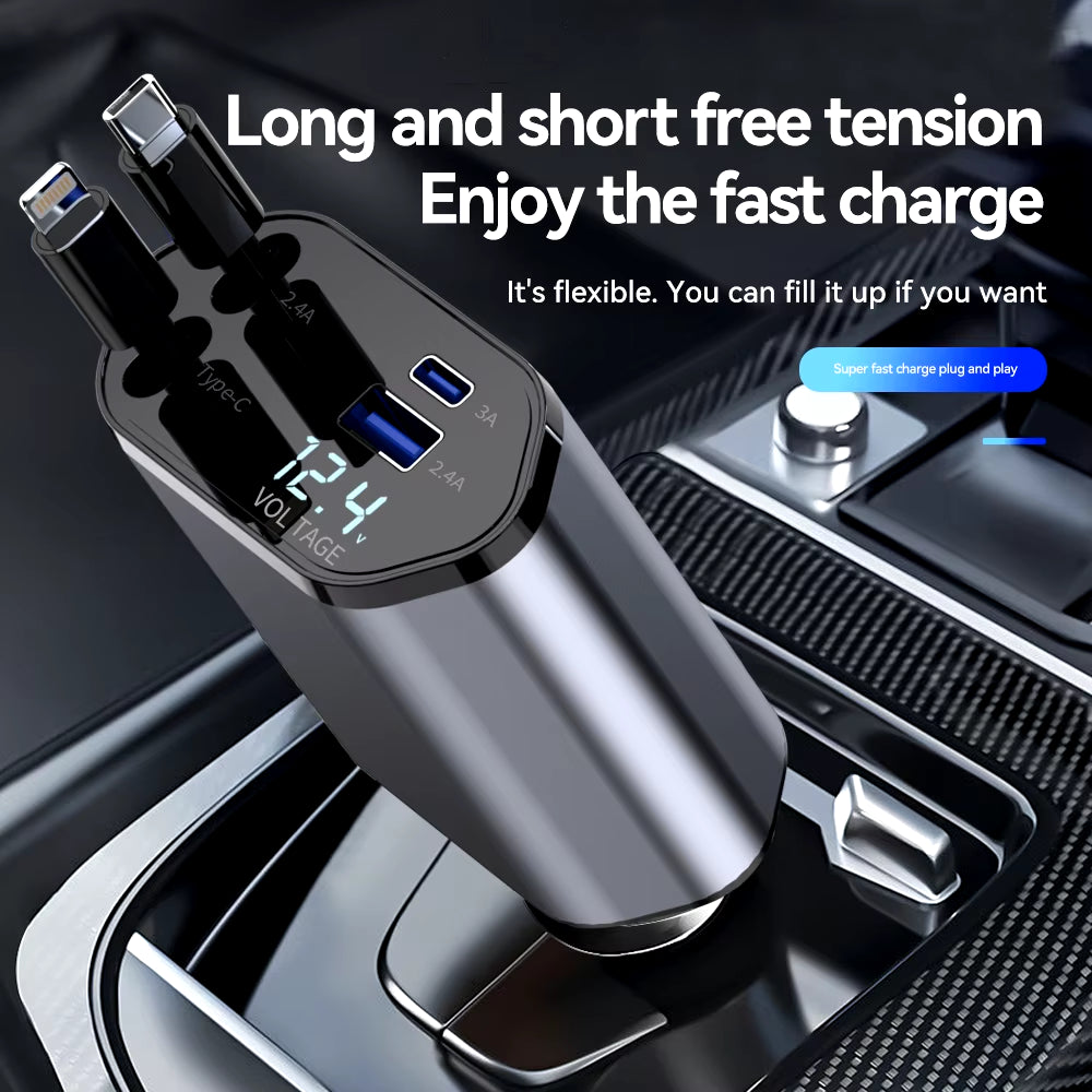 ChargeFlex: 120W Retractable Car Charger with 4-in-1 Fast Charging