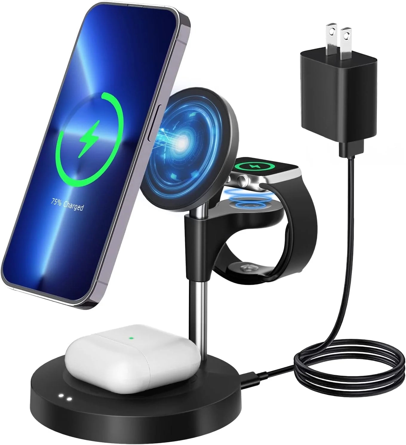 Ultimate 3-in-1 Wireless Fast Charger Station for iPhone 14/13/12 Pro, Apple Watch & AirPods - Sleek Black Design