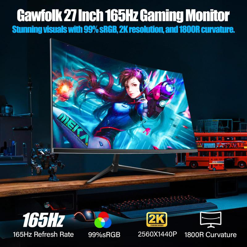 27'' 2K QHD Gaming Monitor - 2560P, 165Hz Refresh, 1Ms Response, Adaptivesync, Dual HDMI & DP1.2, Ultra-Thin Narrow Bezel, Tilt Adjustable Design