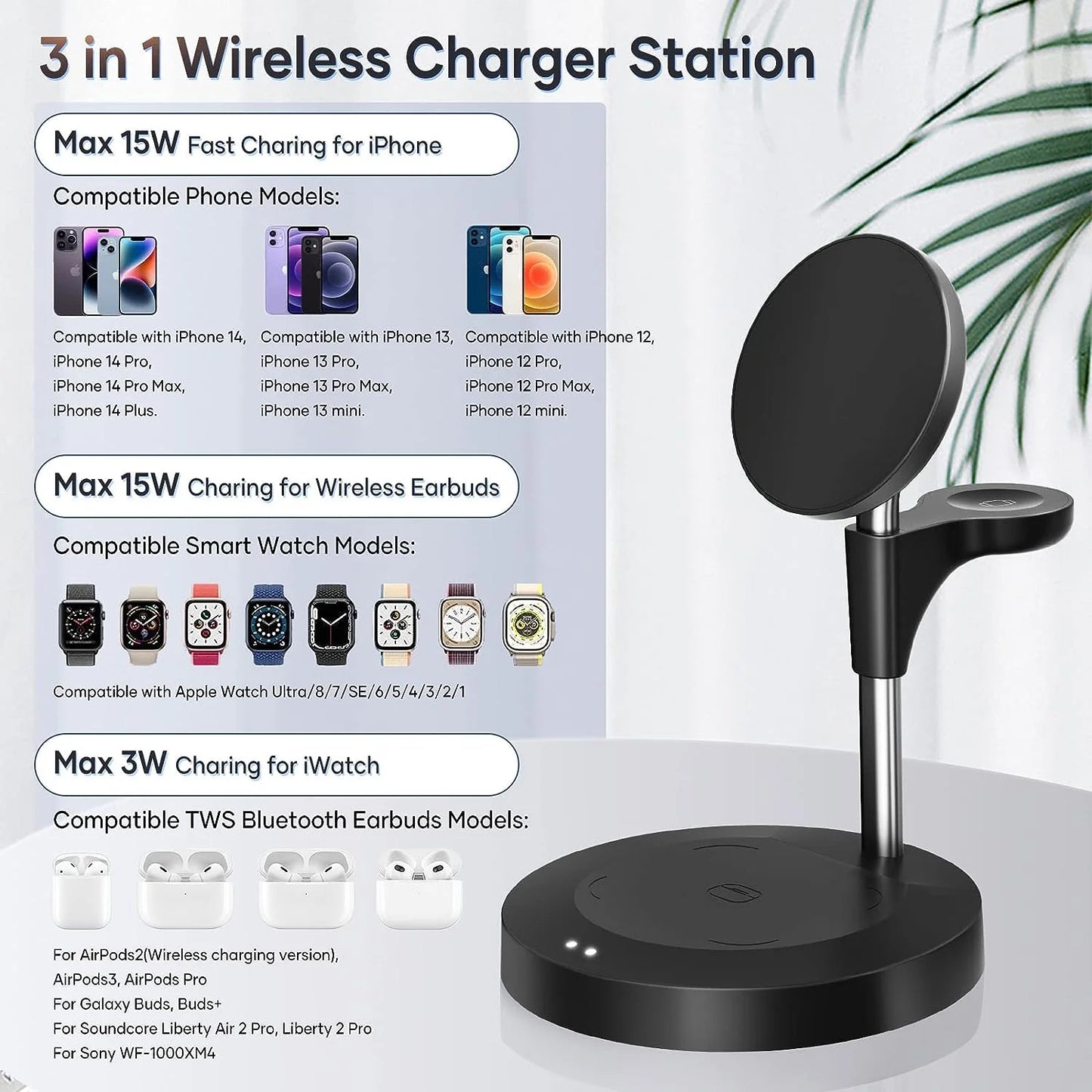 Ultimate 3-in-1 Wireless Fast Charger Station for iPhone 14/13/12 Pro, Apple Watch & AirPods - Sleek Black Design