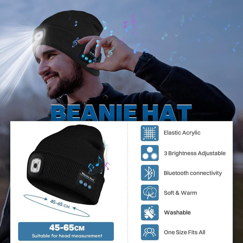 Bluetooth Beanie with LED Flashlight & Cordless Headphones - Perfect Christmas & Birthday Gift for Men, Teens, and Sports Enthusiasts!