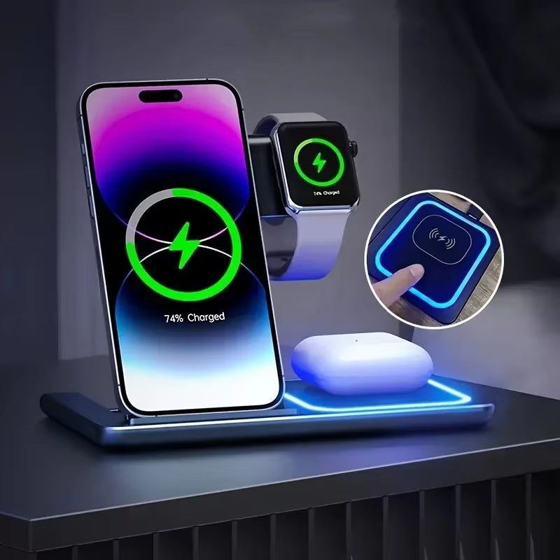 VIKEFON 3-in-1 Wireless Charger Dock Station for iPhone 15/14/13/12 Pro Max, Apple Watch & AirPods - Fast Induction Charging!