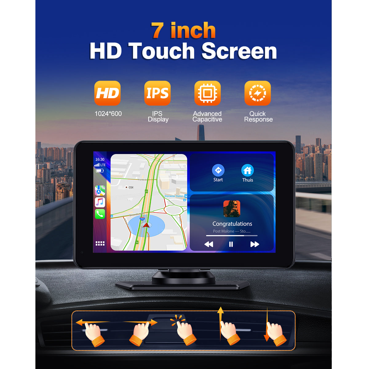 7" Wireless Carplay Screen - Portable GPS Navigation, Android Auto, Mirror Link & Voice Control