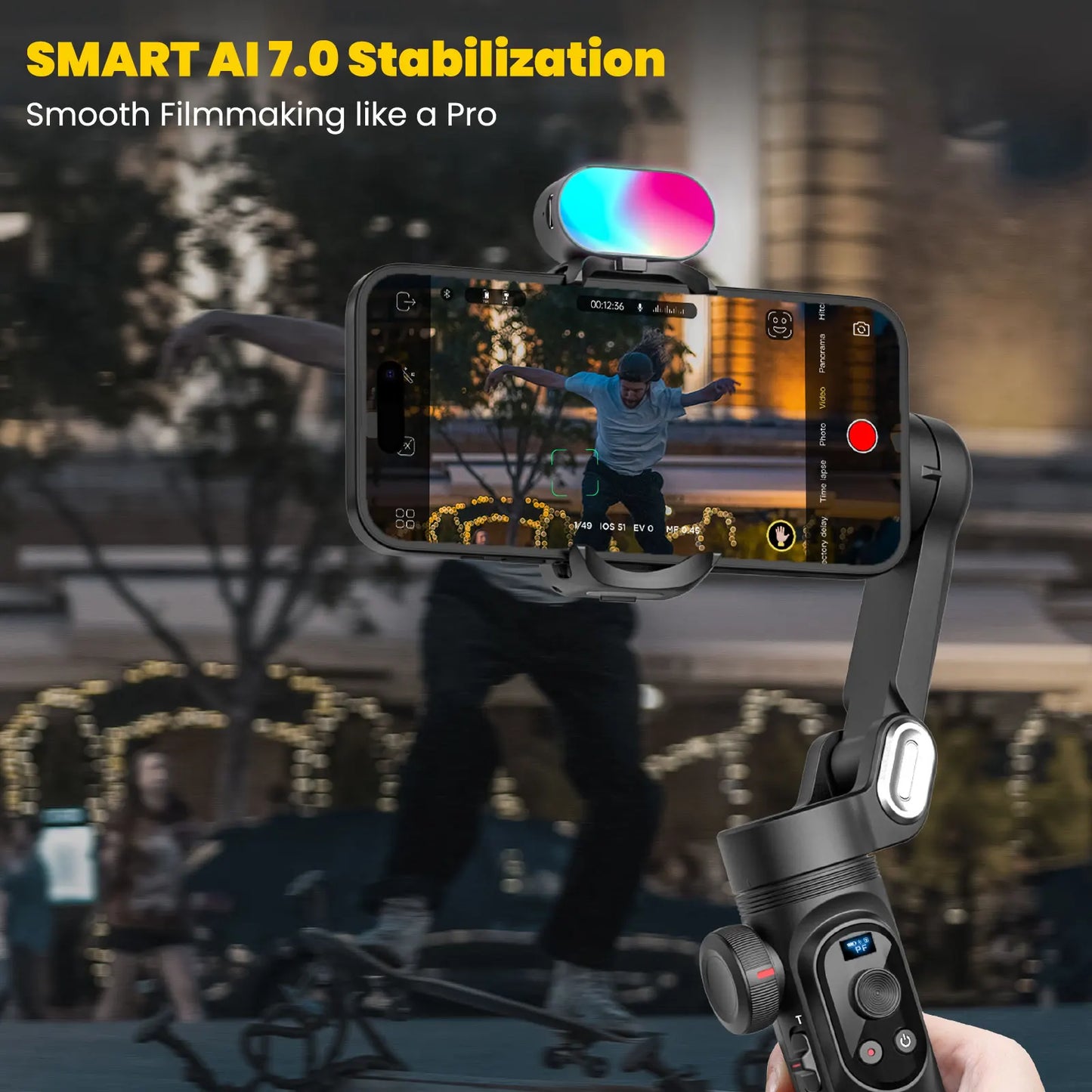 Elevate Your Filmmaking with the Smart Xpro Combo Black 3-Axis Phone Gimbal Stabilizer - Includes 73Cm Extension & RGB Magnetic Light for Stunning, Professional Videos!