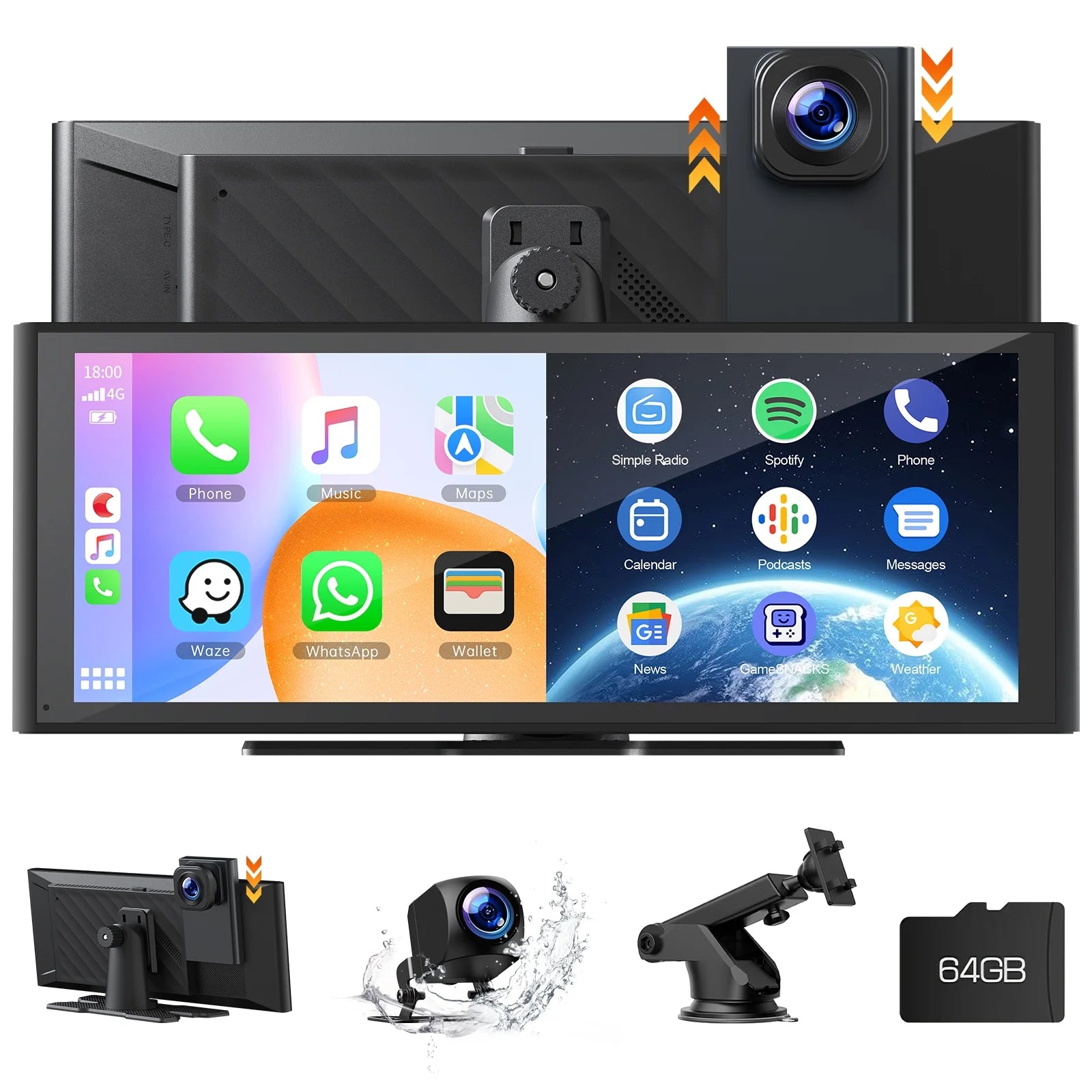 9.26" Wireless CarPlay & Android Auto Car Stereo with 4K Dash Cam, 1080P Backup Camera, GPS Navigation, and Mirror Link - Ultimate Portable Solution for Your Vehicle!