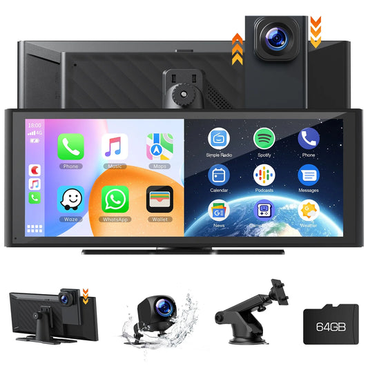 9.26" Wireless CarPlay & Android Auto Car Stereo with 4K Dash Cam, 1080P Backup Camera, GPS Navigation, and Mirror Link - Ultimate Portable Solution for Your Vehicle!