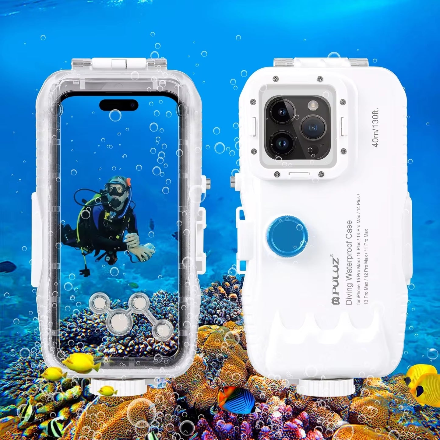 PULUZ 40M Waterproof Diving Case for iPhone 15/14/13/12/11 Pro Max - One-Way Valve Underwater Video Housing Cover