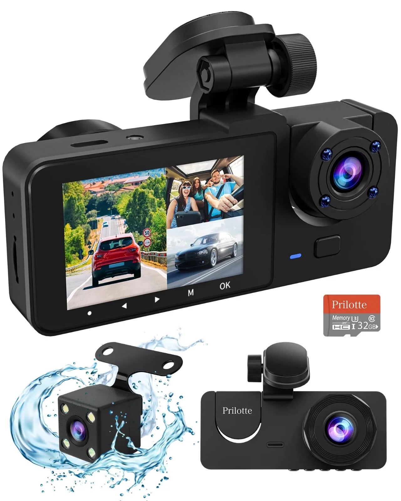 Ultimate 3-Channel Dash Cam for Car - 1080P Front & Rear, Super Night Vision, Parking Monitor, Loop Recording & 32GB SD Card Included