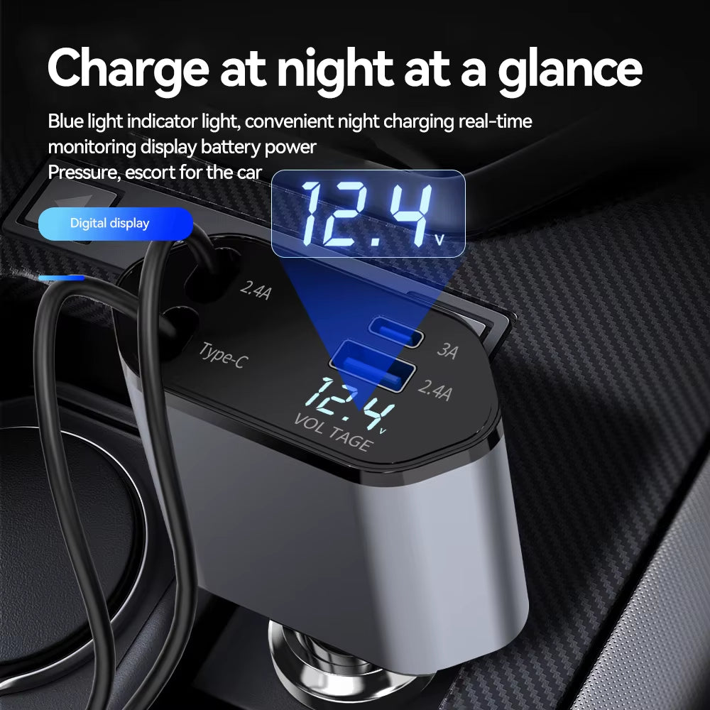 ChargeFlex: 120W Retractable Car Charger with 4-in-1 Fast Charging