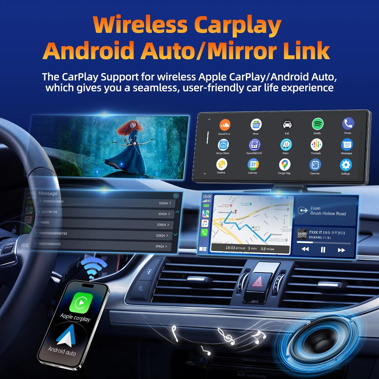 9.26" Portable Touchscreen CarPlay & GPS Navigation System - Wireless Car Stereo with Airplay, AUX/FM, Google & Siri Integration