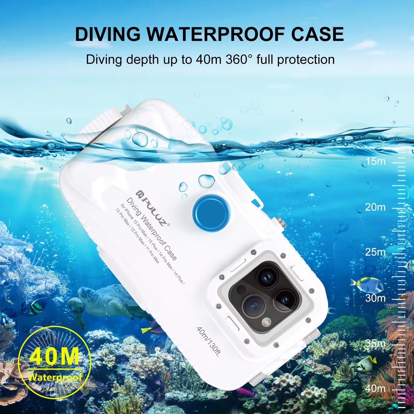 PULUZ 40M Waterproof Diving Case for iPhone 15/14/13/12/11 Pro Max - One-Way Valve Underwater Video Housing Cover