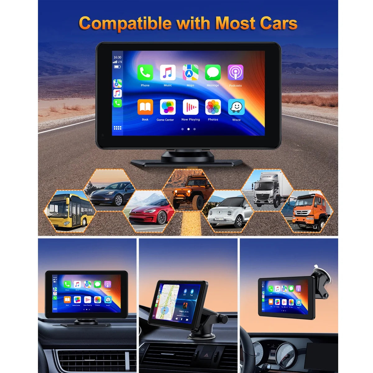 7" Wireless Carplay Screen - Portable GPS Navigation, Android Auto, Mirror Link & Voice Control