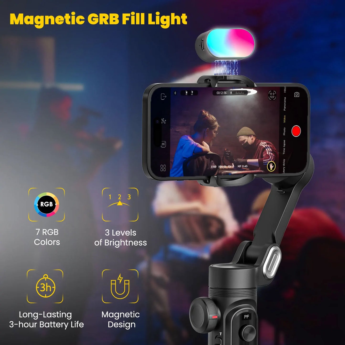 Elevate Your Filmmaking with the Smart Xpro Combo Black 3-Axis Phone Gimbal Stabilizer - Includes 73Cm Extension & RGB Magnetic Light for Stunning, Professional Videos!