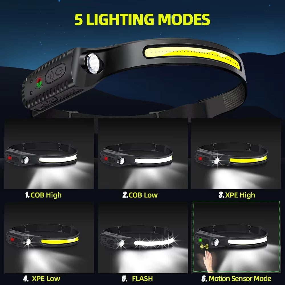 Rechargeable LED Sensor Headlamp - XPE+COB Headlight for Camping, Fishing, and Outdoor Adventures