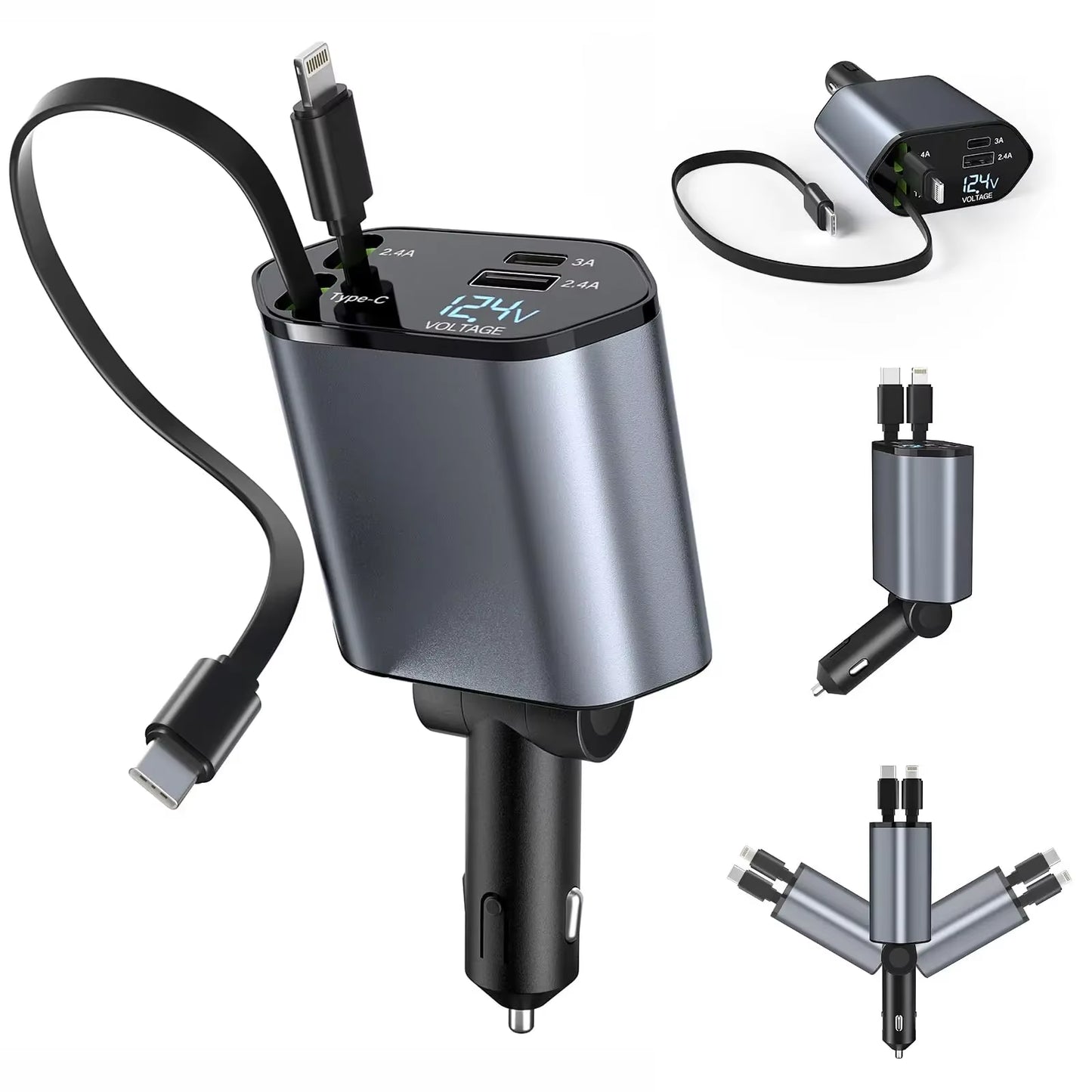 ChargeFlex: 120W Retractable Car Charger with 4-in-1 Fast Charging