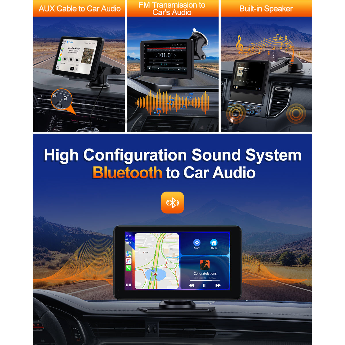 7" Wireless Carplay Screen - Portable GPS Navigation, Android Auto, Mirror Link & Voice Control