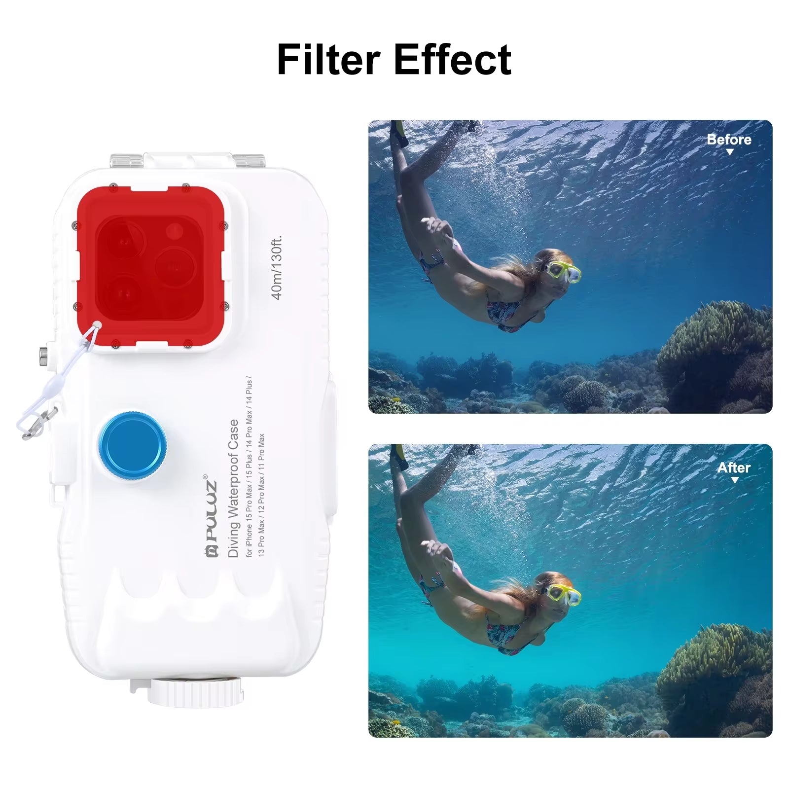 PULUZ 40M Waterproof Diving Case for iPhone 15/14/13/12/11 Pro Max - One-Way Valve Underwater Video Housing Cover