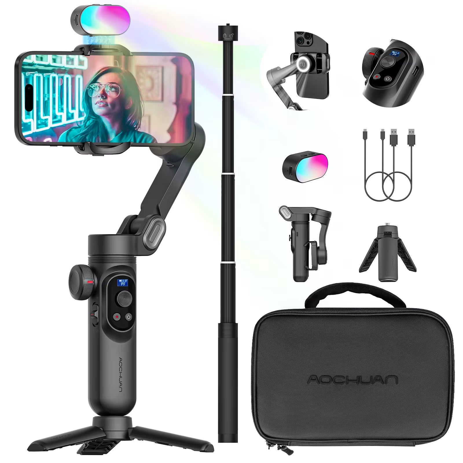 Elevate Your Filmmaking with the Smart Xpro Combo Black 3-Axis Phone Gimbal Stabilizer - Includes 73Cm Extension & RGB Magnetic Light for Stunning, Professional Videos!