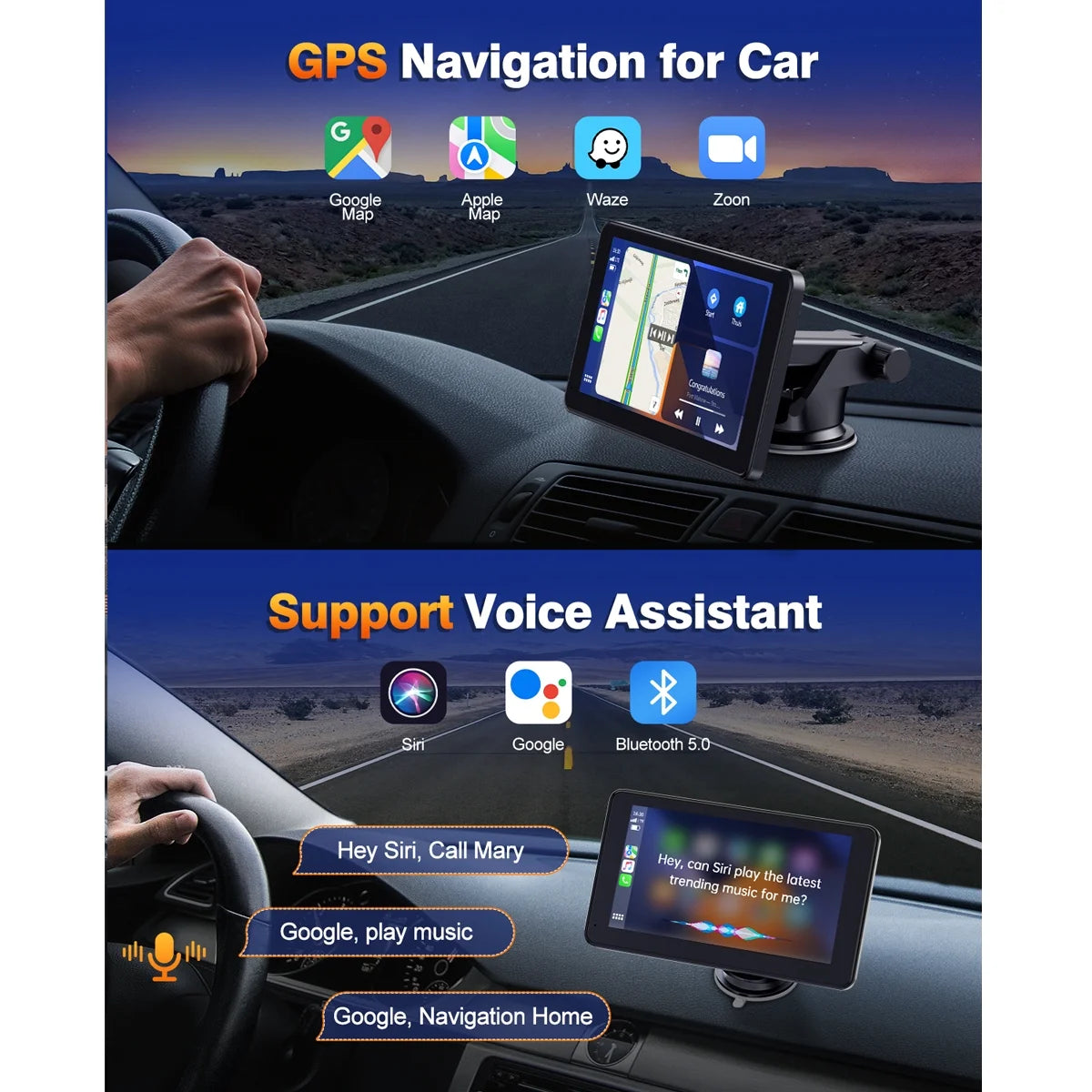 7" Wireless Carplay Screen - Portable GPS Navigation, Android Auto, Mirror Link & Voice Control