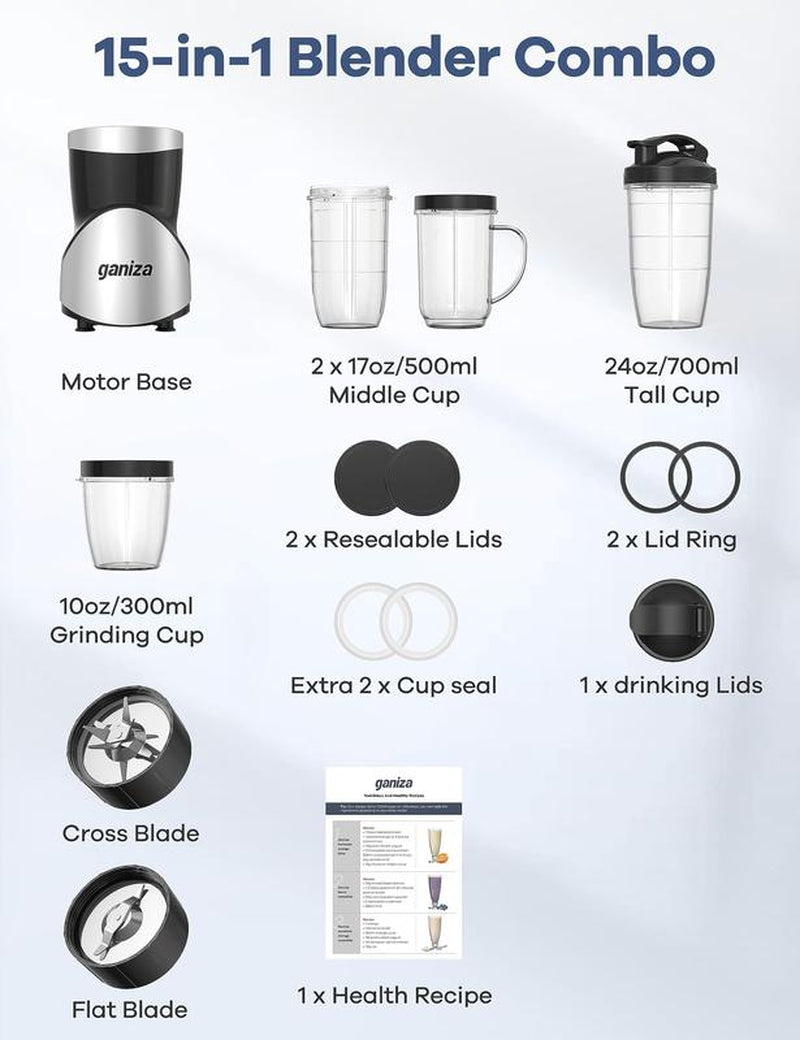 Ganiza Smoothie Blender for Shakes, Smoothies, Grinder, with 4 Bpa-Free Portable Blender Cup, Nutritious Recipe, MAX 900W