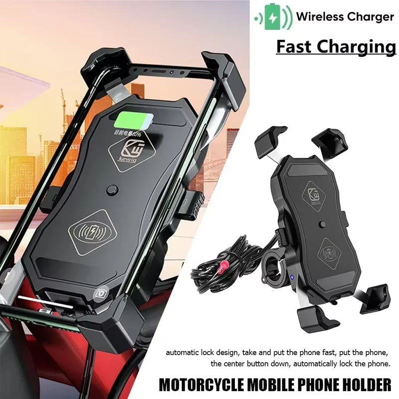 Ultimate Motorcycle Phone Holder with Fast Wireless Charging - Quick USB Charger & Handlebar Mount for Safe Riding!