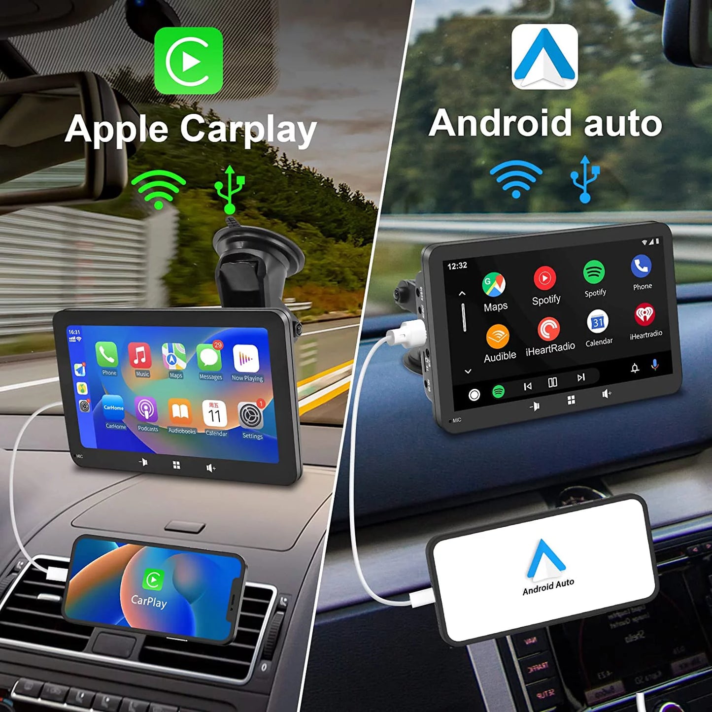 2023 Ultimate Portable Car Radio - 7" IPS Touchscreen with Apple Carplay & Android Auto, Bluetooth Hands-Free, Wireless Convenience & Windshield Mount