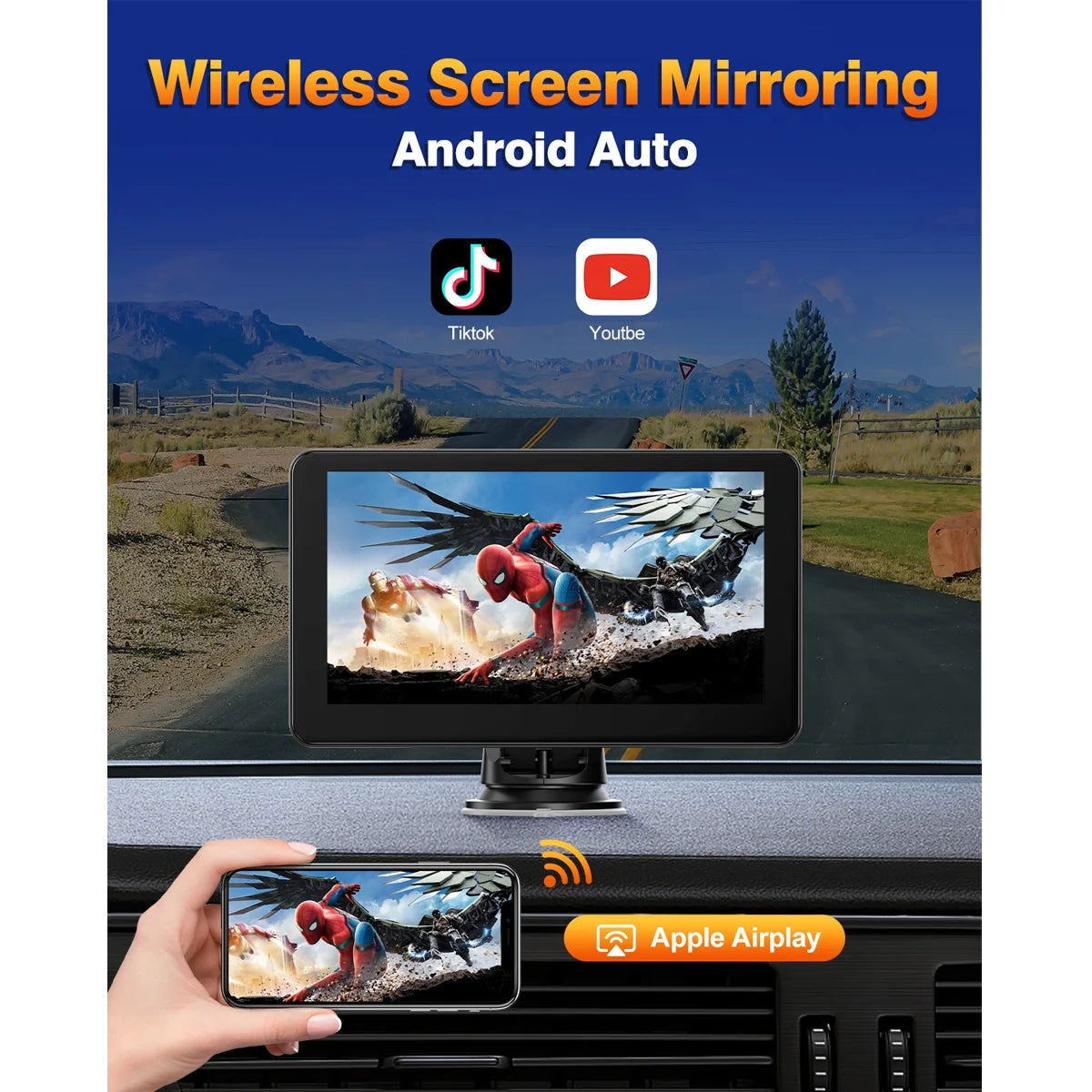 7" Wireless Carplay Screen - Portable GPS Navigation, Android Auto, Mirror Link & Voice Control