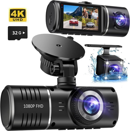 Ultimate 3-Channel Dash Cam - 4K Front & Inside Recording, Night Vision, G-Sensor, 24Hr Parking, Includes 32GB Card