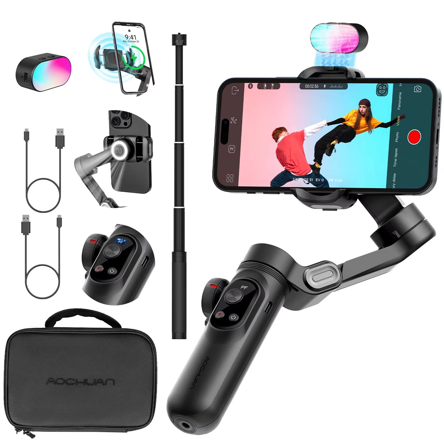 Elevate Your Filmmaking with the Smart Xpro Combo Black 3-Axis Phone Gimbal Stabilizer - Includes 73Cm Extension & RGB Magnetic Light for Stunning, Professional Videos!