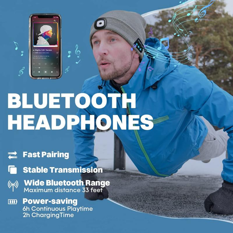 Bluetooth Beanie with LED Flashlight & Cordless Headphones - Perfect Christmas & Birthday Gift for Men, Teens, and Sports Enthusiasts!